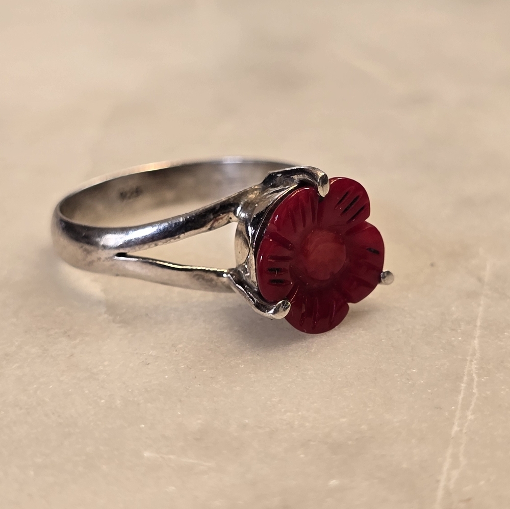 Beautiful Sterling Silver And Red Coral Carved Flower Ring, Size 7 1/2